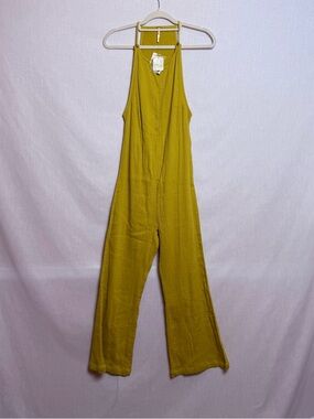 Free People Jumpsuit L Citronelle Yellow Wide Leg Gauze Button Strap NWT